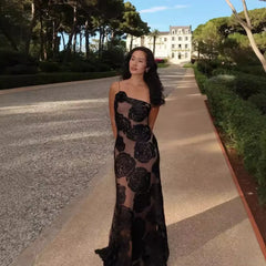 Black One-Shoulder Floral Desgin Long Dress