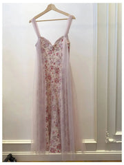 Pink Floral Off-the-Shoulder Mesh Drape Midi Dress