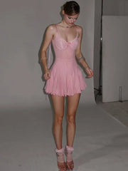 Pink Pleated Lace Tie Up Mini Dress