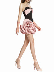 Black Satin Strapless Croset Top And 3d Frill Flower Mini Skirt Two-Piece Set