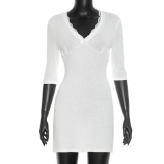 White Lace Trim V Neck  Half Sleeve Mini Dress