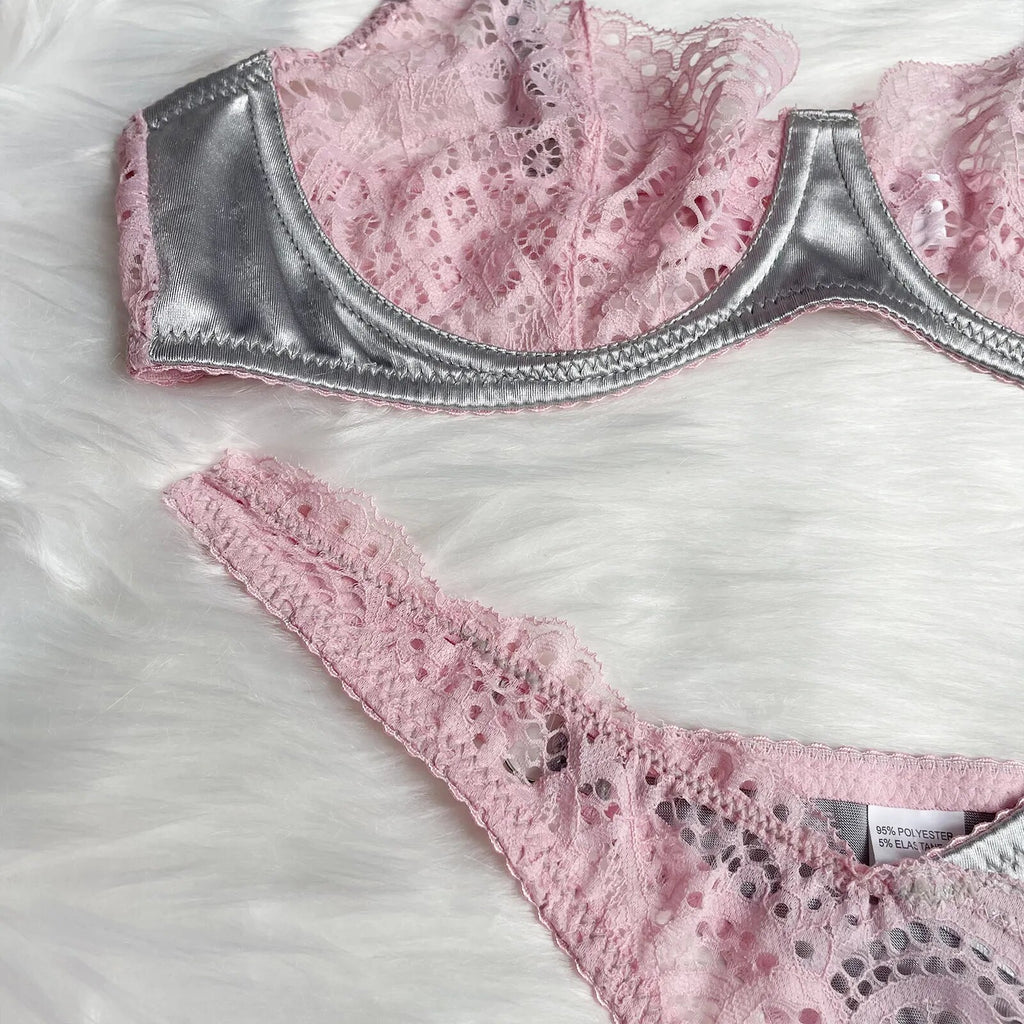 Pink Satin And Lace Patchwork Lingerie Set