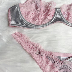 Pink Satin And Lace Patchwork Lingerie Set - Free From Label