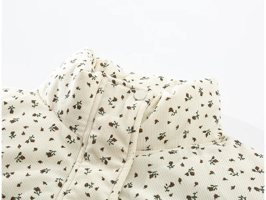 Beige Corduroy Print Parka Padded Jacket
