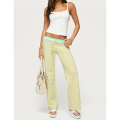 Yellow Striped Waist Contrast Drawstring Wide Leg Pants