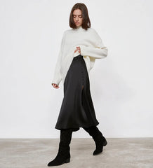 Satin Slit Buttoned Midi Skirt