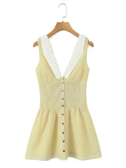 Yellow Polka Dot V-neck Button Up Mini Dress