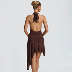 Deep V-Neck Halter Twisted Pleated Waist Irregular Hem Mini Dress