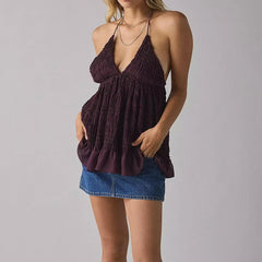 Lace-up Halter Deep V-Neck Smocked Top