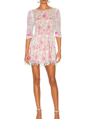 Pink Floral Quarter Sleeve Mini Dress