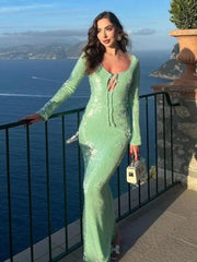 Green Sequin Long Sleeve Maxi Dress