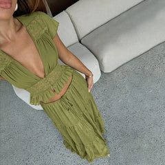 Short Sleeve Mesh Patchwork Crop Top And Maxi Skirt Matching Set