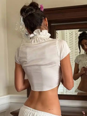 White Short Sleeve Lace Up Ruched Crop Top
