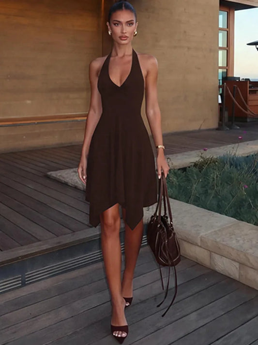Halter V‑Neck Twist Backless Irregular Hem Mini Dress