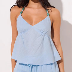 Beaded Tie Open Back Halter Badydoll Crop Top