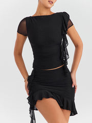 Mesh Ruffle Short Sleeve Top And Mini Skirt Set - Free From Label