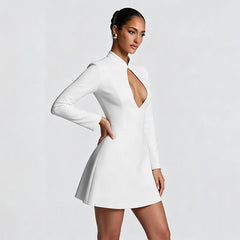 Solid Hollow Out A-line Turtleneck Long Sleeve Mini Dress