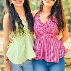 Gingham Halter Neck Twist Front Peplum Top