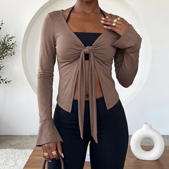 Knotted Front Tie Bell Sleeve Crop Top