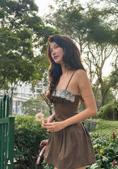 Brown Lace Trim Mini Dress