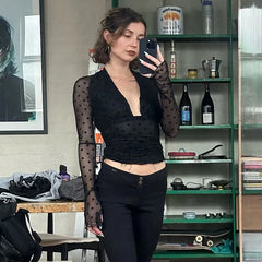 Black Mesh Dotted Long Sleeve Tie Up Top