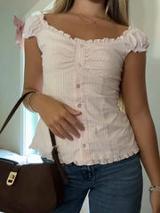 Ruffle Hem Short Sleeve Button Up Top