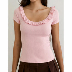 Ruffle Scoop Neck Short Sleeve Knitted T-Shirt