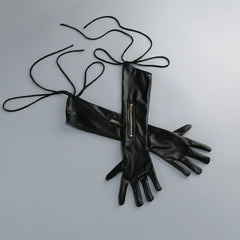 Black PU Leather Cinched Waist Pleated Mini Dress with Gloves