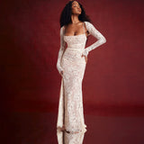 White Lace Print Long Sleeve Maxi Dress - Free From Label