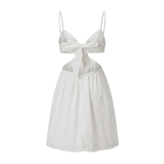 White Spaghetti Strap Front Cutout Back Bow Tie A Line Mini Dress