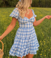 Lace Up Gingham Chiffon A-line Puff Sleeve Plaid Short Dress