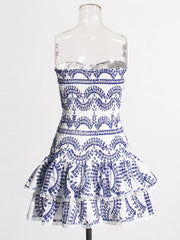 Ruched Strapless Embroidered Frill Mini Dress