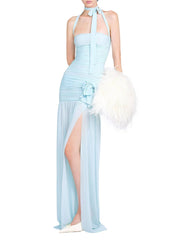 Blue Ruched Halter Draped Bow Maxi Dress