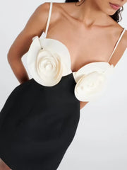 Black Spaghetti Strap 3D Flower Mini Dress