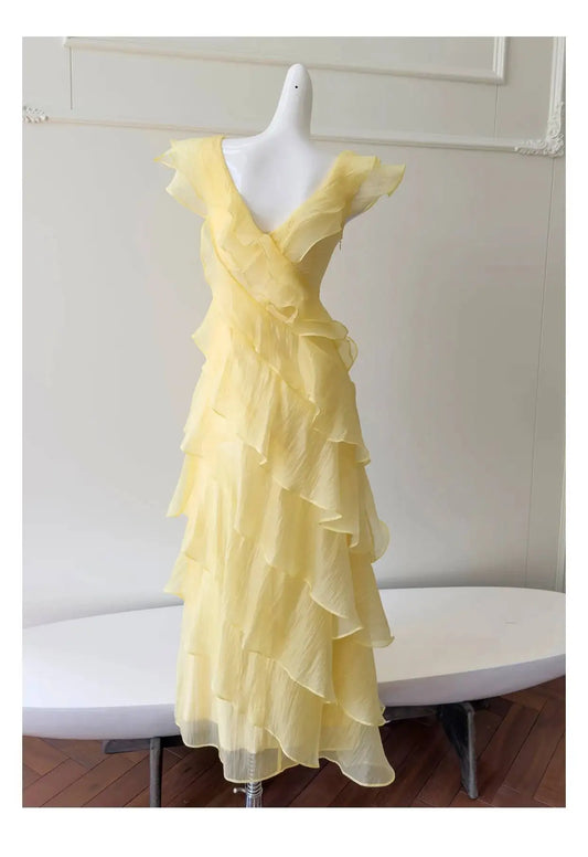 Yellow Butterfly Sleeve V-neck Tiered Asymmetrical Midi Dress