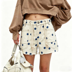 Polka Dot Denim Shorts with Braided Drawstring