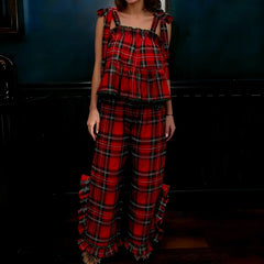 Ruffle Plaid Bow Tie Shoulder Babydoll Tank Top and Pants Loungewear Set