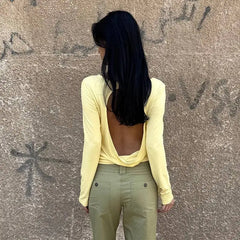 Solid Hollow Out Backless Long Sleeve T-Shirt