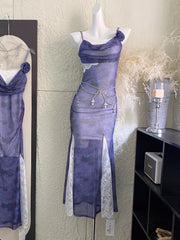 Purple Lace Patchwork Mesh Slip Midi Dress