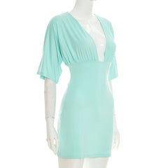 Deep V-Neck Bodycon Short Sleeve Backless Tie Up Mini Dress