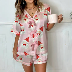 Christmas Santa Claus Print Pink Bow Shirt and Pants Pyjama Set