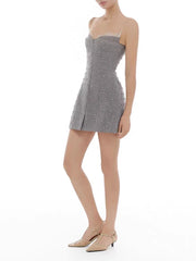 Grey Stripe Sleeveless Rhinestone Mini Dress