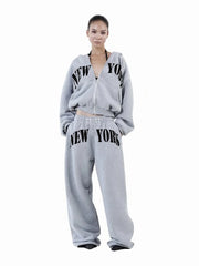 New York Zipper Hooded Jacket And Loose Straight Pants Tracksuit