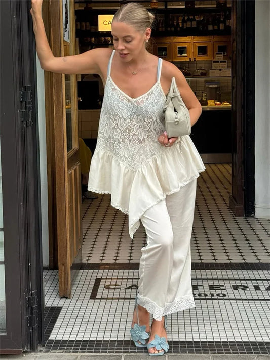 White Lace Printed Strap Long Top