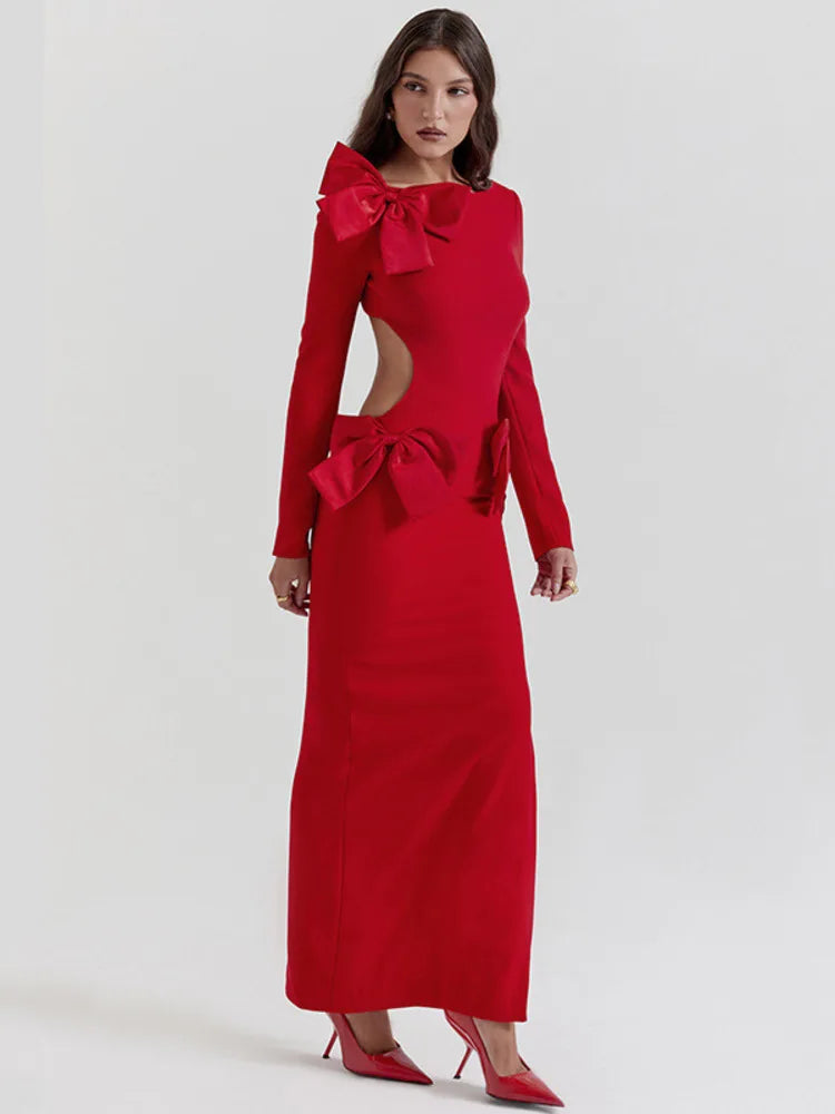 Bow Open Back O Neck Long Sleeve Solid Red Maxi Dress