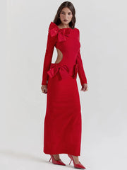 Bow Open Back O Neck Long Sleeve Solid Red Maxi Dress