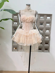 3D Flower Strapless Corset Top And Asymmetrical Tulle Skirt  Set