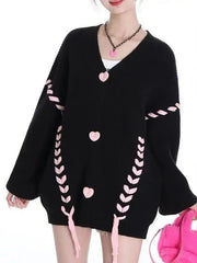 Heart Buttons Ribbion Lace Up Cardigan - Free From Label