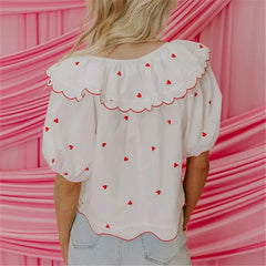 Heart Print Short Sleeve Front Tie-Up Blouse