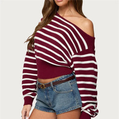 Off-Shoulder Striped Knit Sweater